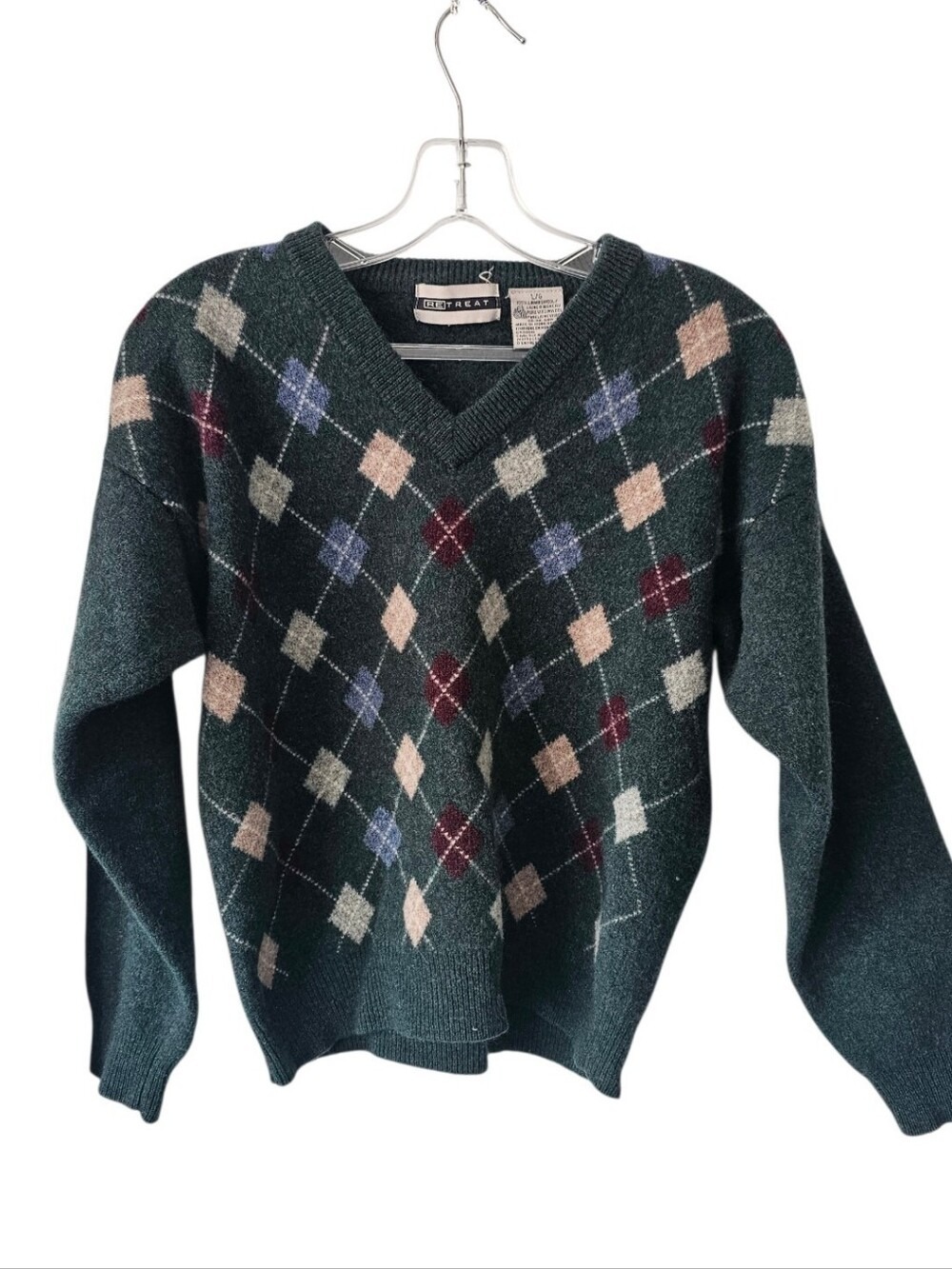 VINTAGE Retreat 100% Lambswool Argyle V Neck Sweater Size Large